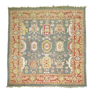 Green Turkish Square Oushak Rug For Sale