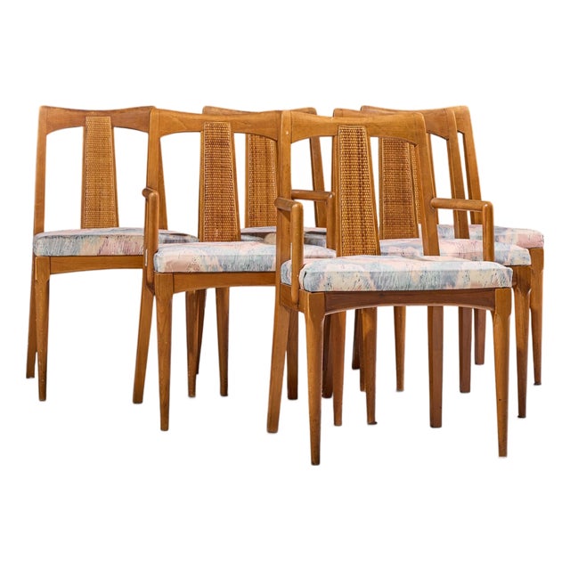 Ramseur Mid Century Walnut and Cane Dining Chairs - Set of 6 For Sale
