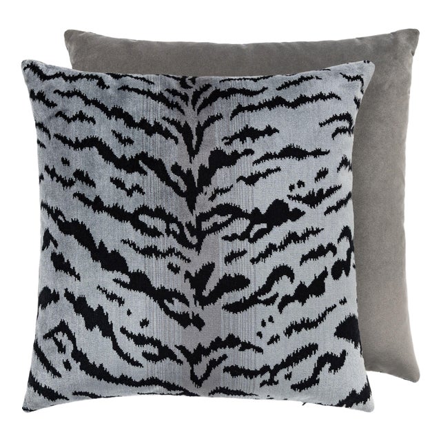 The House of Scalamandré Tigre/velvet Pillow, Silver, 22 X 22 For Sale