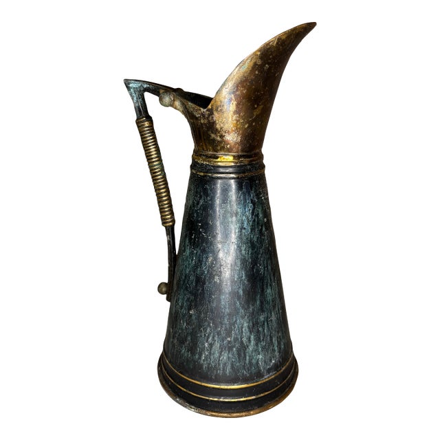 1950s Dayagi Israel Solid Brass Pitcher Vase MCM Judaica Verdigris Art Deco For Sale