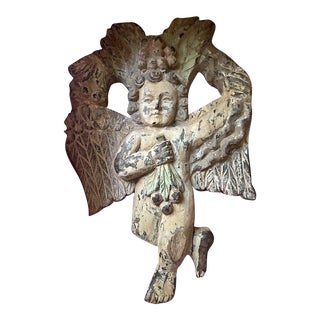 18thc French Louis XV Carved Angel/ Cherub/ Putto Panel/ Figural Wood Sculpture 16.5" For Sale