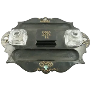 Antique Double Inkwell / Inkpot Set Papier Mache Jennens & Bettridge