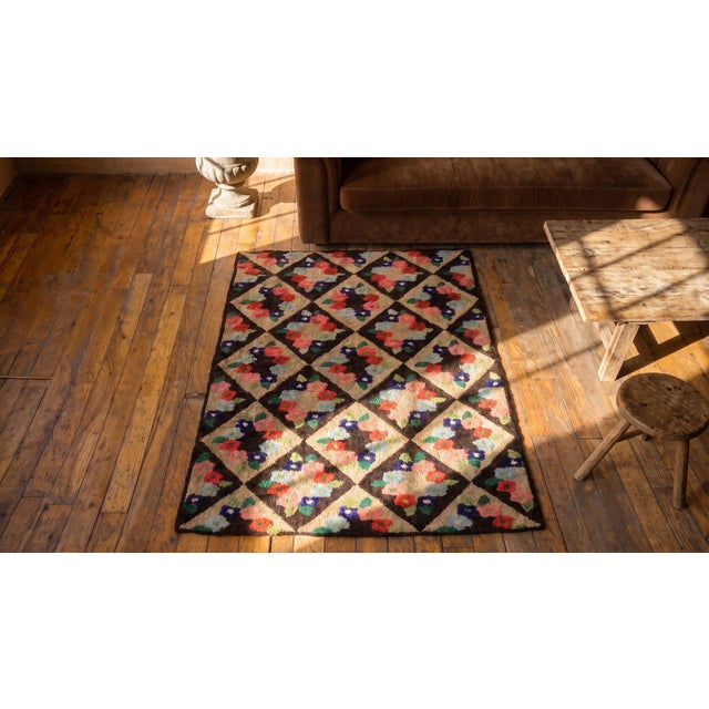1930s Multicolor Diamond Folk at Antique American Hooked Rug 2'4" X 3'3" Handknotted Wool Carpet For Sale - Image 9 of 9