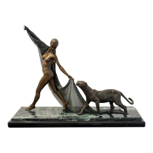 Erté-Inspired Bronze Nude With Panther on Marble Base