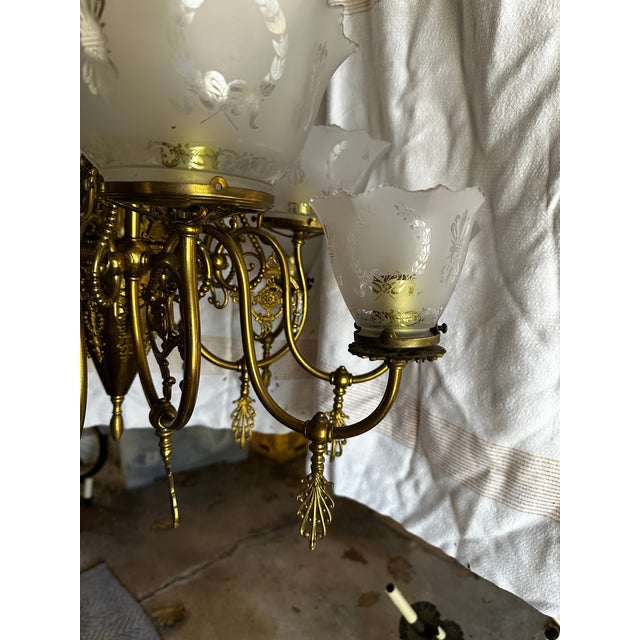 American Vintage 12 Light Brass Gas Fixture With Stencil Etched Shades For Sale - Image 3 of 8