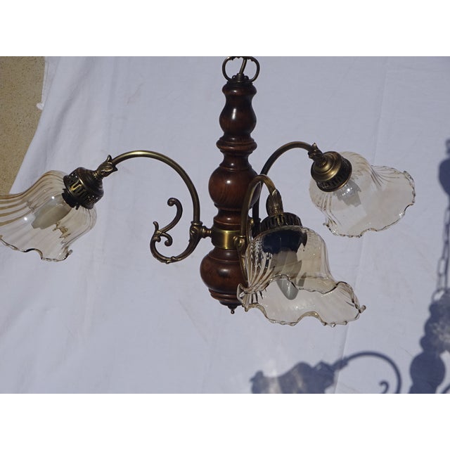 3-Light Chandelier in Wood, Bronze and Glass, 1980s For Sale - Image 12 of 13
