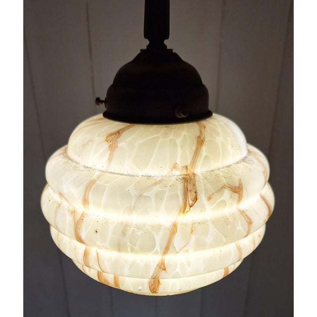 Metal Art Deco Ceiling Lamp in Brass and Yellow-Brown Marbled Glass Shade, 1930s For Sale - Image 7 of 8
