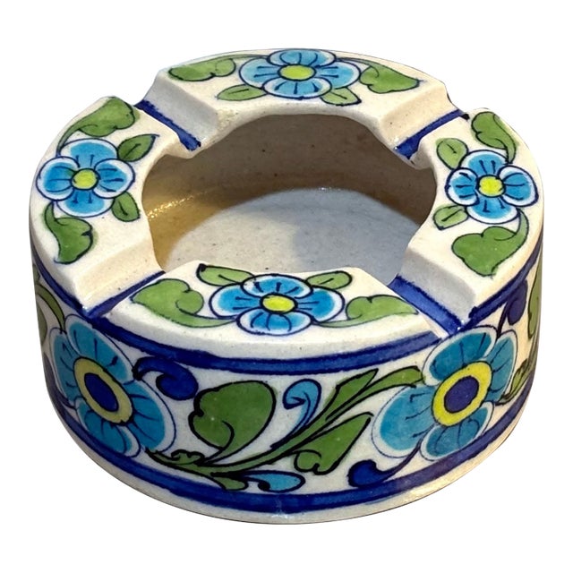 Blue Floral Ceramic Indian Ashtray For Sale