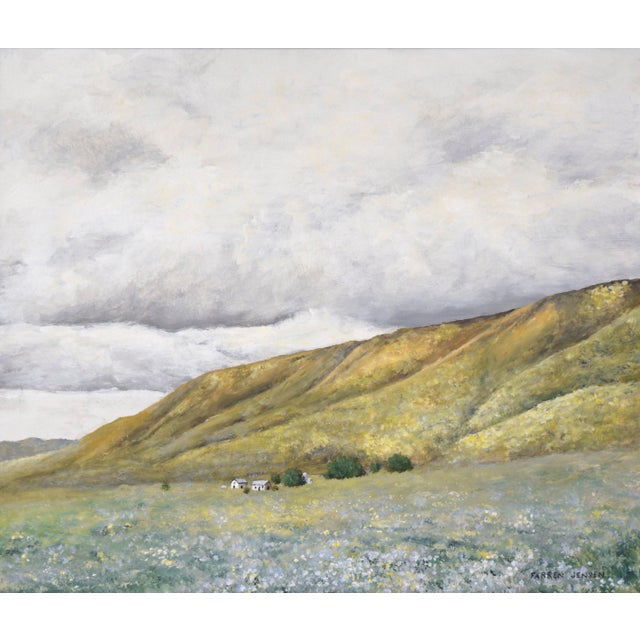 1970s "Spring Hills" Mid Century Modern Farmhouse Landscape in Acrylic on Masonite by Farren Jensen For Sale - Image 5 of 10