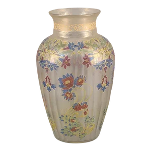 Early 20th Century Art Deco Painted Enamel Lotus Flowers Venetian Glass Vase Made in Italy