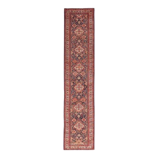 1880s Blue Navy Geometric Tribal Antique Persian Serab Rug 3'2" X 14'4" Handknotted Wool Carpet For Sale