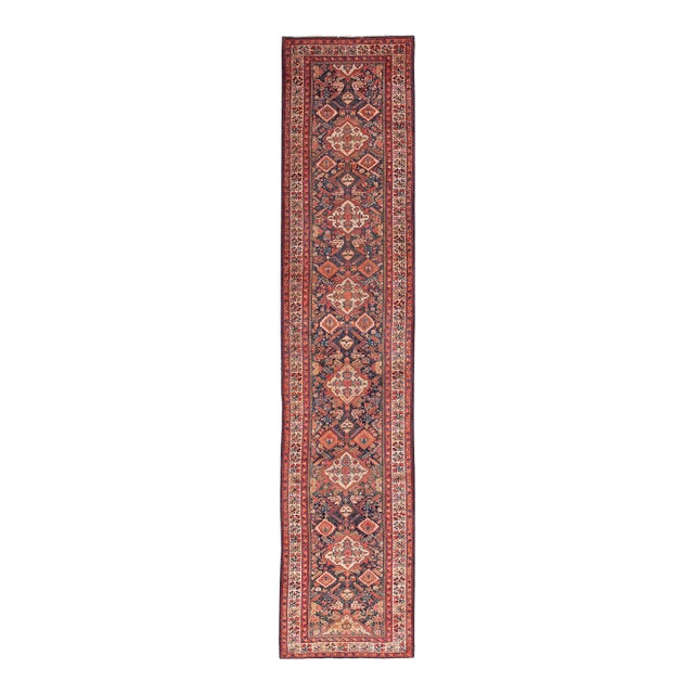 1880s Blue Navy Geometric Tribal Antique Persian Serab Rug 3'2" X 14'4" Handknotted Wool Carpet For Sale