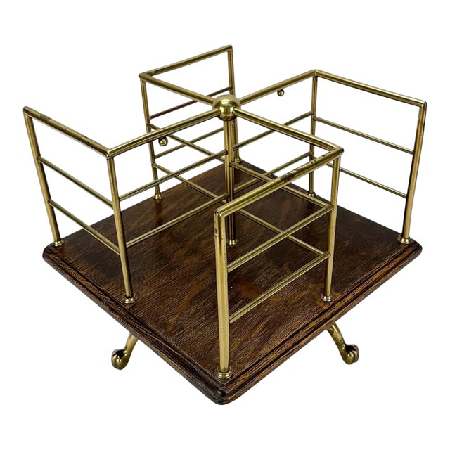 Antique Table Top Brass & Oak Rotating Book Stand For Sale
