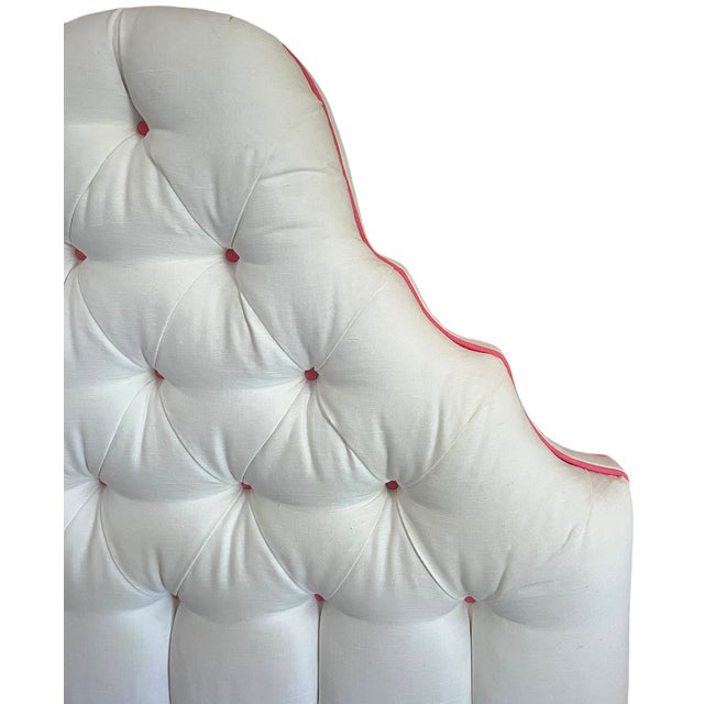 2020s Custom Upholstered Twin Headboards in Ivory Canvas With Pink Contrast Welt Scalloped Silhouette Coastal Hollywood Regency For Sale - Image 5 of 15