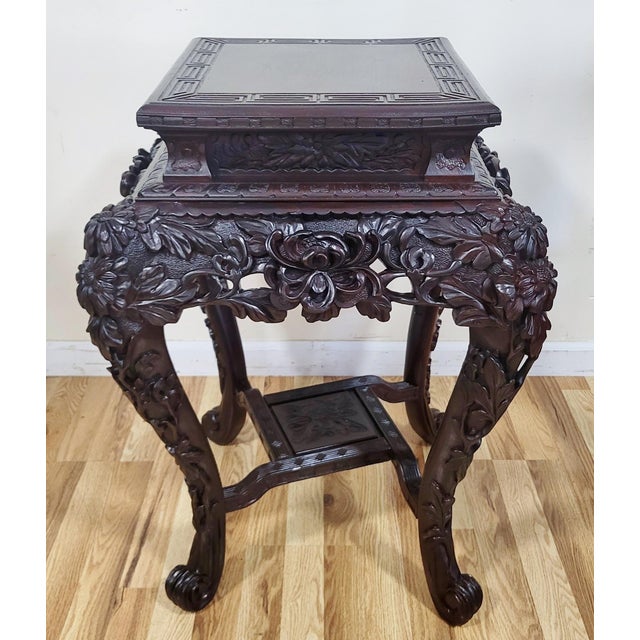 Japanese Antique Japanese Carved Lotus Flower Pedestal Table Plant Stand For Sale - Image 3 of 12