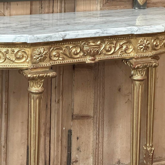 Wood 19th Century French Louis XVI Giltwood Carrara Marble Top Demilune Console For Sale - Image 7 of 18