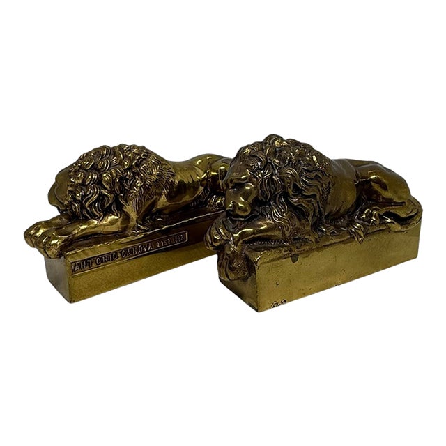1940’s Italian Canova Lion Cast Brass Bookends - A Pair For Sale