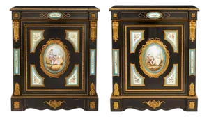 Pair of French Mid-19th C. Napoleon III Sevres-Mounted Ebonized Parlor Cabinets
