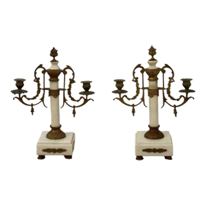 Pair of Louis XVI Style 19th Century Gilt-Bronze and Gilt-Metal and Marble Candelabra