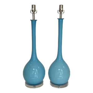 Vintage Murano Glass Long Neck Table Lamps in Sky Blue - a Pair