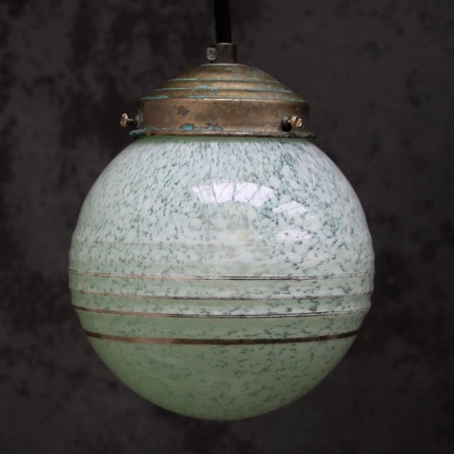 French Clichy Green Reeded Glass Pendant Lamp For Sale - Image 4 of 8