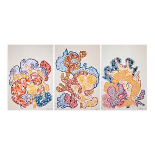 2026, Illustration Style Painting, Modern Marine Triptych of Three Corals Together, Gouache Crayon on Watercolor Paper by Romina Milano For Sale