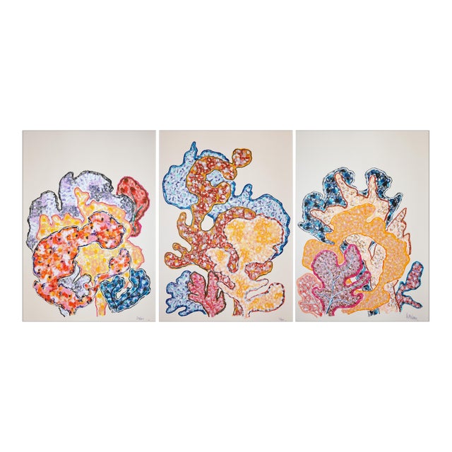 2026, Illustration Style Painting, Modern Marine Triptych of Three Corals Together, Gouache Crayon on Watercolor Paper by Romina Milano For Sale