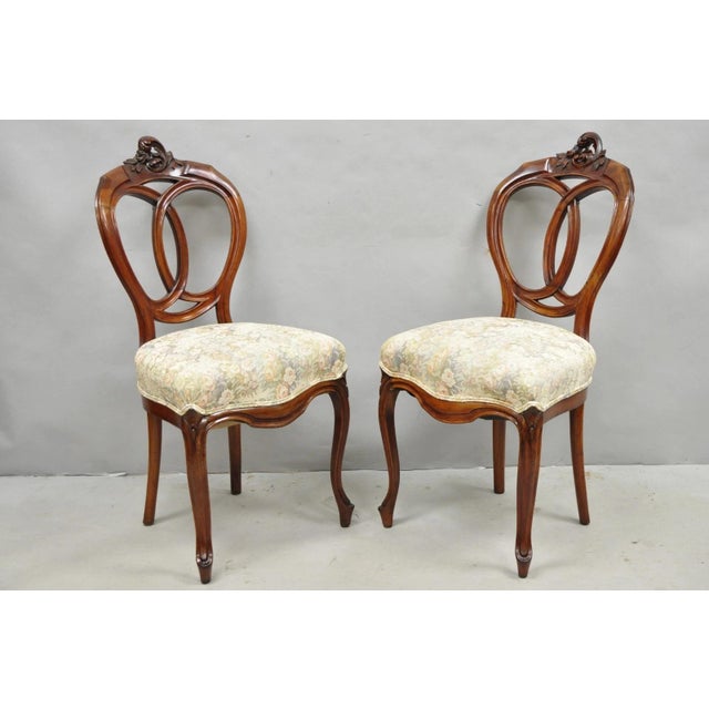 Antique Victorian Carved Mahogany Pretzel Balloon Back Parlor Side Chairs - a Pair. Circa Mid 20th Century. Measurements:...