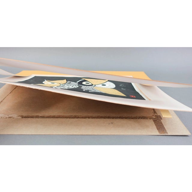 Mid 20th Century Kaoru Kawano "Three Eyes" Owls Woodblock Print With Seal MCM For Sale In Miami - Image 6 of 8