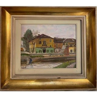 Pietro Virgilio Lietti, Figures Along the Canal, 20th Century, Oil Painting on Panel, Framed For Sale
