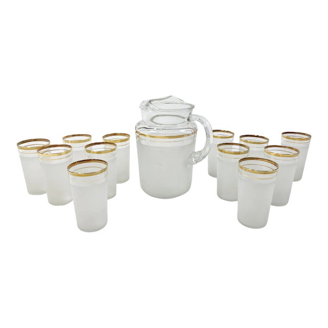 Vintage Etched Glass Gold Rimmed Pitcher and 12 Glasses, Set of 13 For Sale