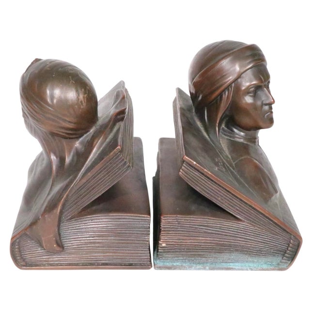 Pr. Bronze Finish Clad Dante and Beatrice Bookends by Jennings Brothers C. 1930's For Sale - Image 10 of 12