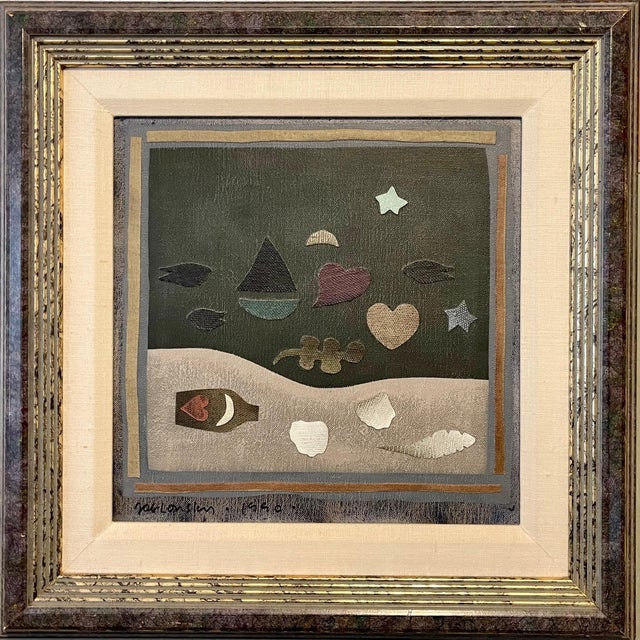 Carol Jablonsky (1939-1992) Acrylic on canvas painting with collage titled verso "Letter in a Bottle" 17 X 17 framed 10.5...