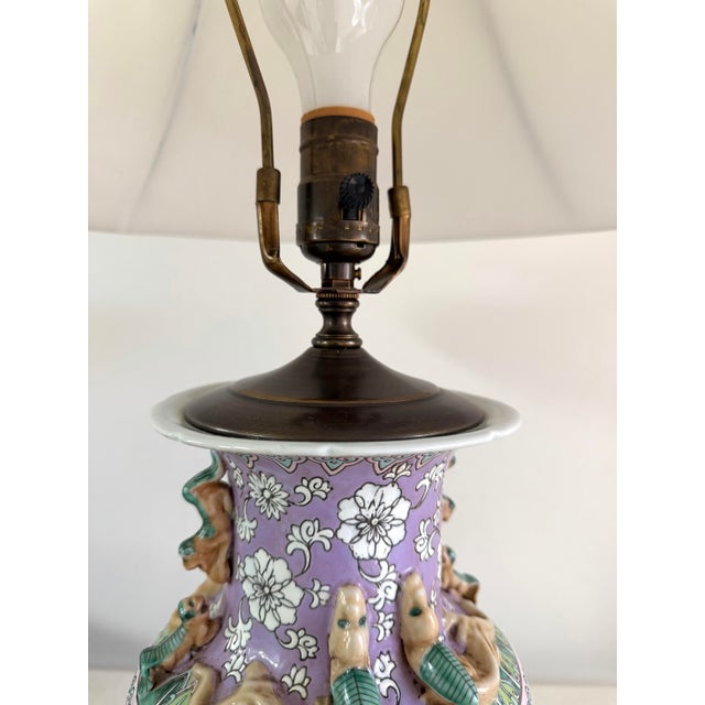 Vintage Chinese Porcelain Floral Lamp With Dragon Relief For Sale - Image 10 of 12
