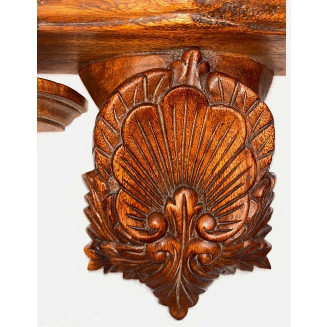 Pair of Vintage Mid-Century Hand-Carved Wooden Wall Shelves Features an Ornate, Deeply Detailed Scalloped Shell Design With a Rich, Warm Wood Finish. For Sale - Image 9 of 15