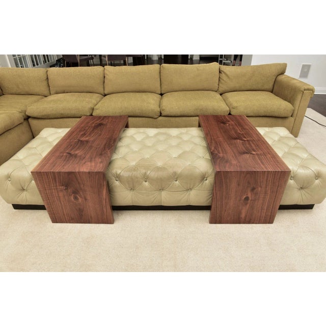 Three-Piece Coffee Table in Button Tufted Leather and Walnut For Sale In New York - Image 6 of 11
