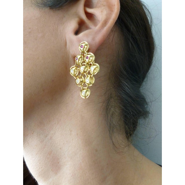 Metal French 18 Karat Gold, Ruby and Diamond Chandelier Lever Back Pierced Earrings - 2 Pieces For Sale - Image 7 of 12