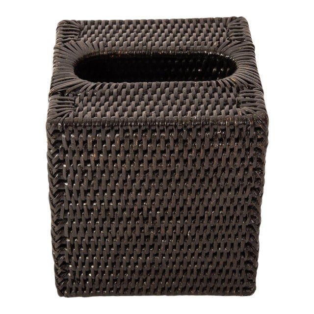 Artifacts Rattan Column Tissue Box Cover in Tudor Black For Sale