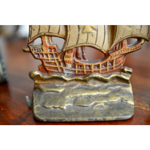 1940s Set of 2 VTG Cast Iron Sailing Ship Bookends Spanish Galleon Doorstops For Sale - Image 5 of 8