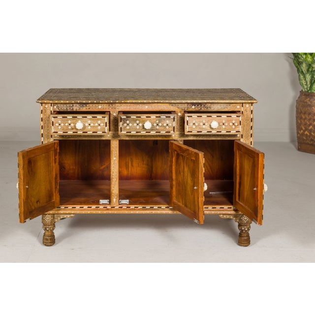 Anglo Style Mango Wood Buffet With Geometric Bone Inlay For Sale In New York - Image 6 of 12