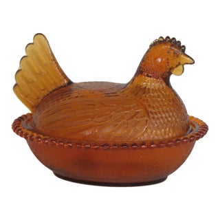 Indiana Glass Amber Hen on Nest Covered Candy Dish With Beaded Rim 4921b For Sale