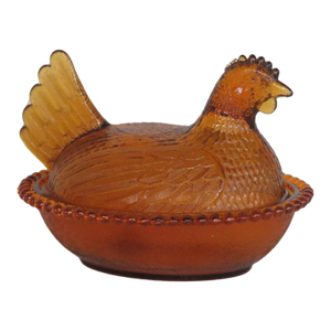 Indiana Glass Amber Hen on Nest Covered Candy Dish With Beaded Rim 4921b