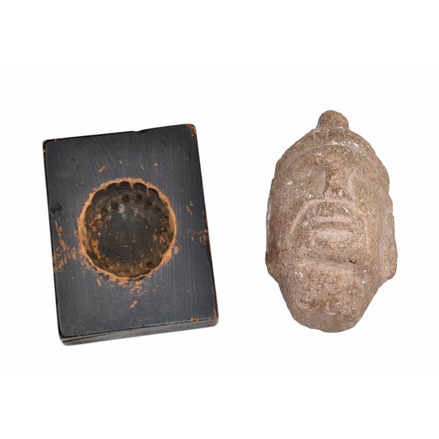 Vintage Hand Sculpted Stone Head Sculpture on Formfit Hand Carved Wooden Base For Sale - Image 9 of 11