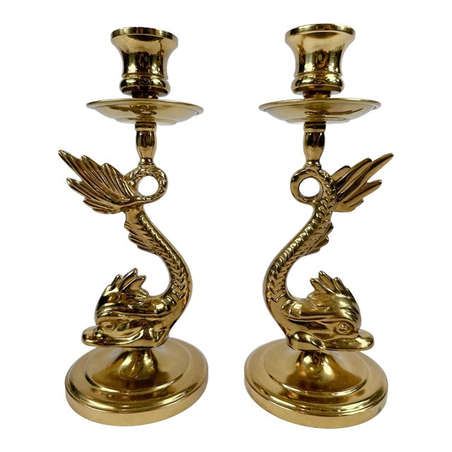 20th Century Brass Brighton Dolphin Neoclassical Candle Holders - a Pair For Sale