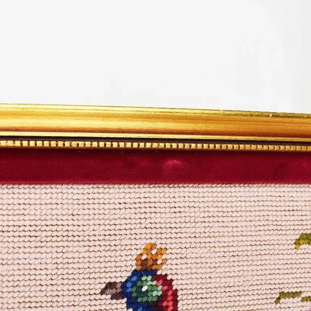 Square Pink and Gold Framed Embroidered Needlepoint Floral and Peacock Wall Hanging For Sale - Image 10 of 12