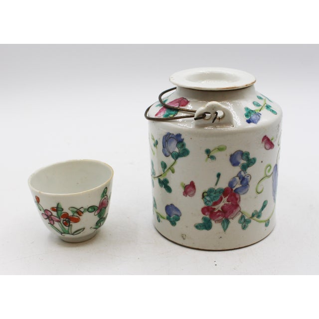 Late 19th Century Circa 1880s Famille Rose Tea Pot & Tea Bowl in Basket For Sale - Image 5 of 11