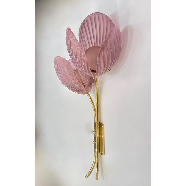 Contemporary Italian 2-Branch Pink Murano Glass Tulip Flower Gold Brass Sconces - a Pair For Sale - Image 9 of 10