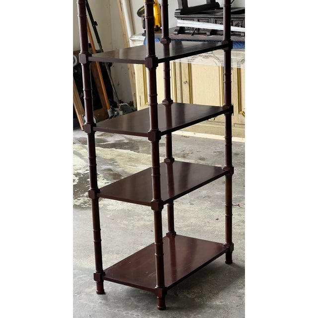 Brown Vintage Faux Bamboo Chinoiserie Mahogany Brass Capped Etagere Shelf Unit For Sale - Image 8 of 8