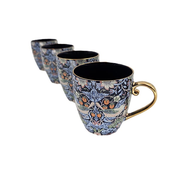 Blue Morris & Co. Porcelain Mug With Classic Strawberry Thief Motif and Gold Handles - Set of 4 For Sale - Image 8 of 8