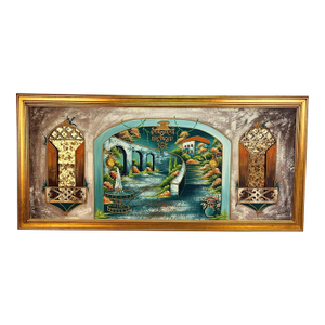 Vintage Hollywood Regency Spanish Balcony Lighted Oil Painting - 74"